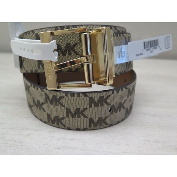Michael Kors 556180C Women Sz M Reversible LEATHER Luggage Brown Logo MK Belt - Picture 2 of 10